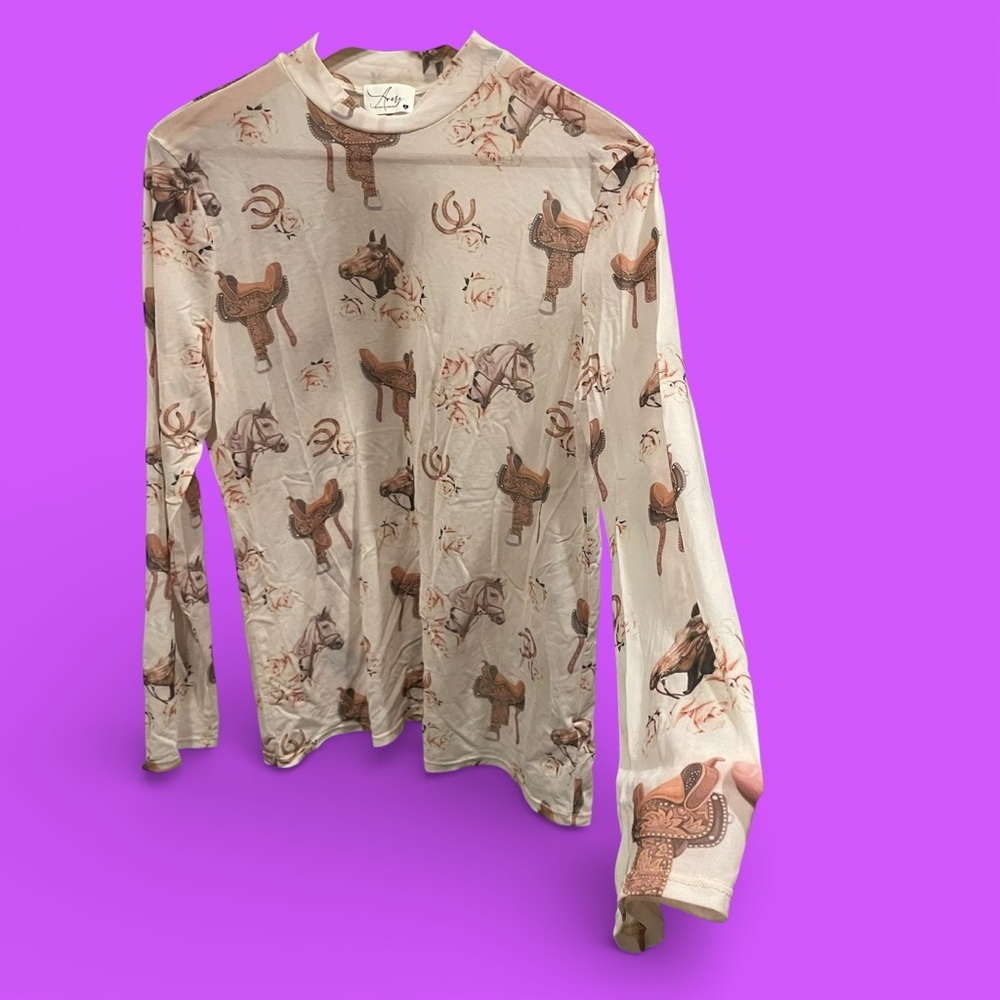 Cute Avery mesh mock long sleeve cowgirl western equestrian top stretchy sheer